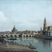 Canaletto - Drážďany z pravého břehu Labe pod Augustovým mostem