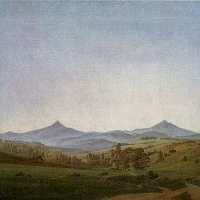 Caspar David Friedrich: Česká krajina s Milešovkou (kolem roku 1810, dnes Gemäldegalerie Neue Meister Dresden)