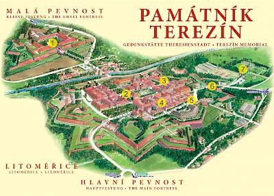 Karte von Terezín: 1 Kleine Festung, 2 Ghetto-Museum, 3 Magdeburger Kaserne, 4 Bestube und Mansarde, 5 Transporte, 6 Kolumbarium etc., 7 Krematorium (© <a href='https://www.pamatnik-terezin.cz' target='_blank'>Památník Terezín</a>)