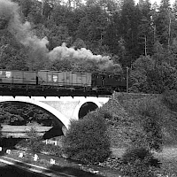Zug auf Brücke über Sebnitz, kurz vor Schwarzbergtunnel, 1926 (© 