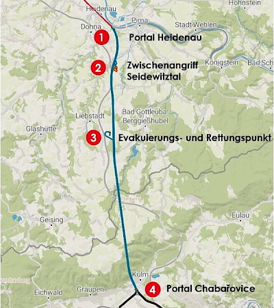 Verlauf des geplanten Erzgebirgstunnels von Heidenau bis Chabařovice