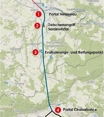 Verlauf des geplanten Erzgebirgstunnels von Heidenau bis Chabařovice